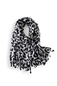 Scarves: Leopard Print Scarf - Grey & Black