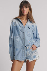 Blouses Shirts: Studded Blue Heart Everyday Denim Shirt