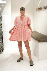 Mini Dresses: Gingham Puff Sleeve Smock Dress - Orange Gingham