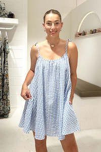 Mini Dresses: Tie Gingham Mini Dress - Blue Gingham