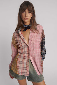 Blouses Shirts: Panelled Flannel Oversized Shirt - Multi