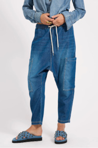 Isla Low Waist Drawstring Denim Harem Jeans - Pasadena Blue