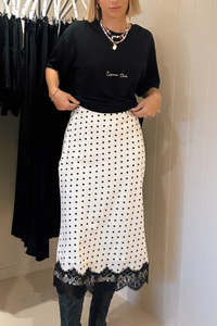 Skirts: Polka Dot Midi Lace Skirt - Black and White