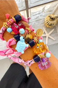 Pink Boho Bandana Charm Bracelet - Fushsia Crab