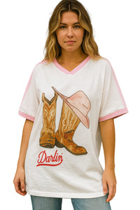 New: Darlin' V-Neck Tee - White/Pink