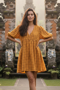 Chloe Puff Sleeve Gingham Smock - Mustard Cinnamon