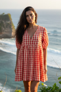 Chloe Puff Sleeve Gingham Smock - Tomato