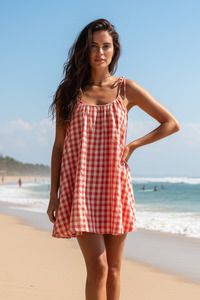 Dresses: Mischa Tie Gingham Mini Dress -Tomato Gingham
