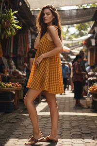 Dresses: Mischa Tie Gingham Mini Dress - Mustard Cinnamon Gingham