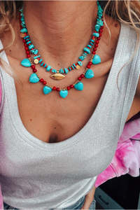 Necklaces: Red Bead and Turquoise Hearts Layer Necklace