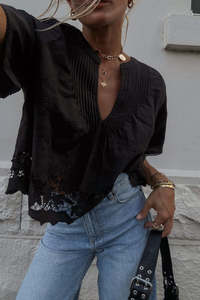 Spell: Kala Short Sleeve Blouse - Black Lotus