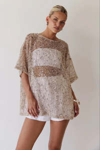 Gilded Hour Mesh Sequin Top - Beige