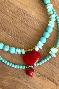 Semiprecious Howlite Turquoise Bead Necklace - Mini Red Heart