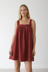 Mini Dresses: Juno Lace Neck Mini Dress - Choc Polka Dot