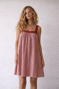 Juno Lace Neck Mini Dress - Wine + Pink Stripe