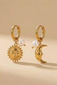 Moon and Sun Charm Pearl Hoop Earrings in Gold