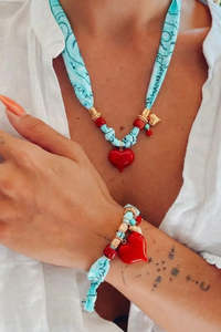 Necklaces: Turquoise Bandana Scarf Necklace with Large Red Heart Charm