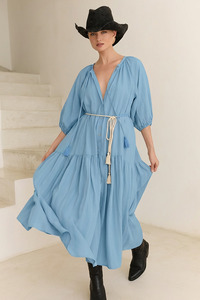 Midi Smock Dress - Blue Linen