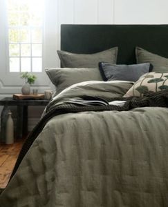 MM Linen Laundered Linen Bedspread Set Olive Optional Matching Elegant Accessories