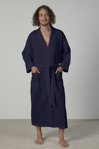 Baksana Unisex 50/50 Waffle Kimono Style Robe Navy