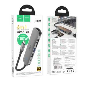 Hoco Usb Cable: PD 100W 6 in 1 USB-C Multi Function Hub w/ HDMI, Card Reader, USB-C, USB-A 2.0/3.0 (HB28)