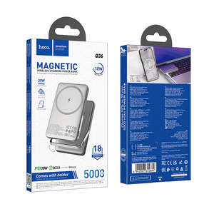 Hoco Power: Magnetic 20W PD+QC Wireless Charging Power Bank w/ Ultra Thin, Aluminum Alloy Body, Kick Stand (5000mAh) (Q36)