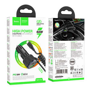 Hoco Power: 50W 3 Outputs PD+QC Super Fast Car Charger w/ LED Ambient Light, Attached Coiled Type C Cable (NZ17A)