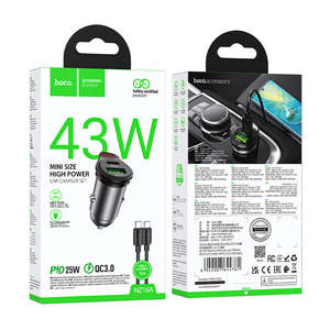 Hoco Power: 43W PD+QC Super Fast Car Charger w/ Mini Size, C to C Cable Included (NZ16A)
