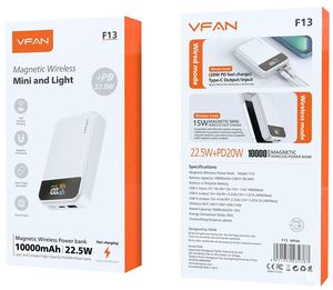 Vipfan Power: Magnetic PD 22.5W Wireless Charging Power Bank w/ LED % Display (10000mAh) (F13)