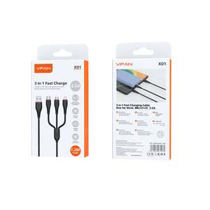 3 in 1 Fast Charge USB Cable - Black (X1)