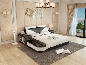 Bed Frames: Leather Bed with Side Shelf Table & Storage Box