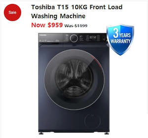 Appliance: Toshiba T15 10KG Front Load Washing Machine, 3 Yrs Warranty