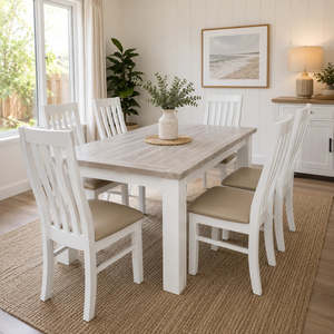 Ashland Solid Pine 7 Piece Dining Suite – White Wash Coastal Style 1.5m & 1.8m Table