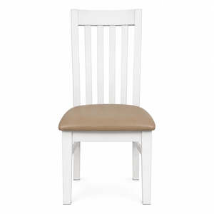 Dining: Ashland Solid Pine Dining Chair Leather Padding – White Wash Coastal Style