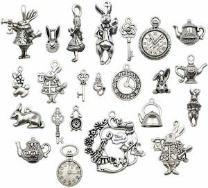 Charms - Alice in Wonderland Theme - 10 pieces - Antique Silver