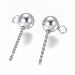 Earring Components: Ear Post with Loop and Ball - Stainless Steel - 5 pairs (10 pieces)