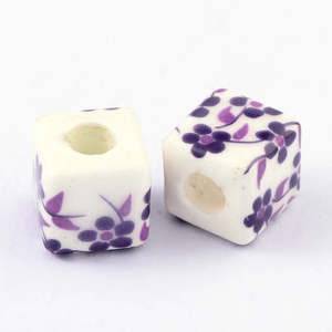 Porcelain - Cube - 10mm - 10 pieces - White and Purple