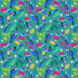 Bolts: Summer Garden - Tui, Kowhai, Ferns & Pohutukawa on Bright Blue