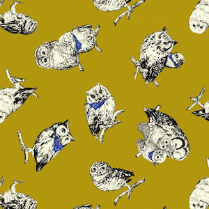 Japanese Prints: Koro - Lovely print with Owls on a Mustard background