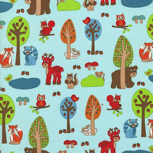 Sale Fabrics: Woodland Park - Medium animals on light turquoise