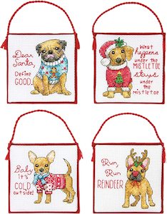 Christmas For Needlecrafters: Dimensions Counted Cross Stitch Kit - Four Christmas Pups Ornaments