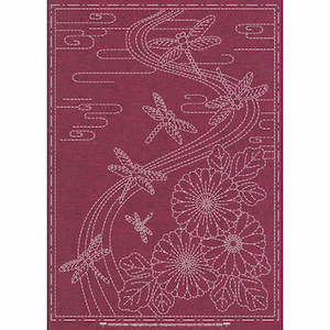 Sashiko Kits Supplies: Sashiko Pre-printed Cloth Panel - Dragonfies on Deep Burgundy-Red