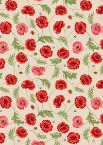 Poppies with Leaves and Bees with Ecru Background