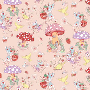 Bees: Fairy Garden - Fairies, Bees & Bids in the garden on a Coral-Pink Background