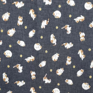 Japanese Prints: Yachi - Traditional Japanese design with Multi-coloured Cats & Balls on Linen-look Black background