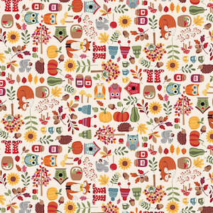 Sale Fabrics: Autumn Days - Owls, Foxes, Autumn Motifs on Off-White