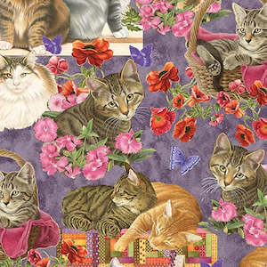 Sale Fabrics: Cats 'N Quilts - Lovely pastel scene with Cats, Butterflies and Quilting Motifs on Lavender