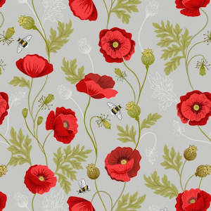 Poppies and Bees on Grey background