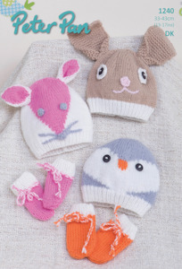 Cats: Peter Pan Knitting Pattern P1240 - Babys Booties & Bunny, Cat and Penguin Hats in 8-ply / DK