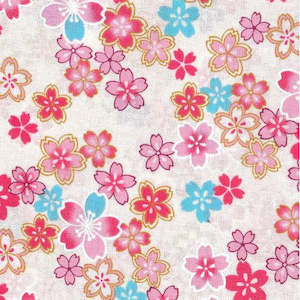 Sale Fabrics: Gifu - Traditional Japanese design with Multi-coloured Flowers on White